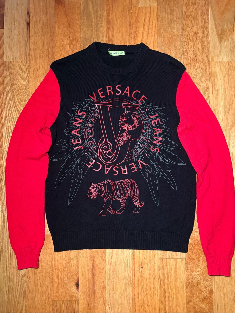 Versace Tiger Logo Black Red Two Toned Sweater